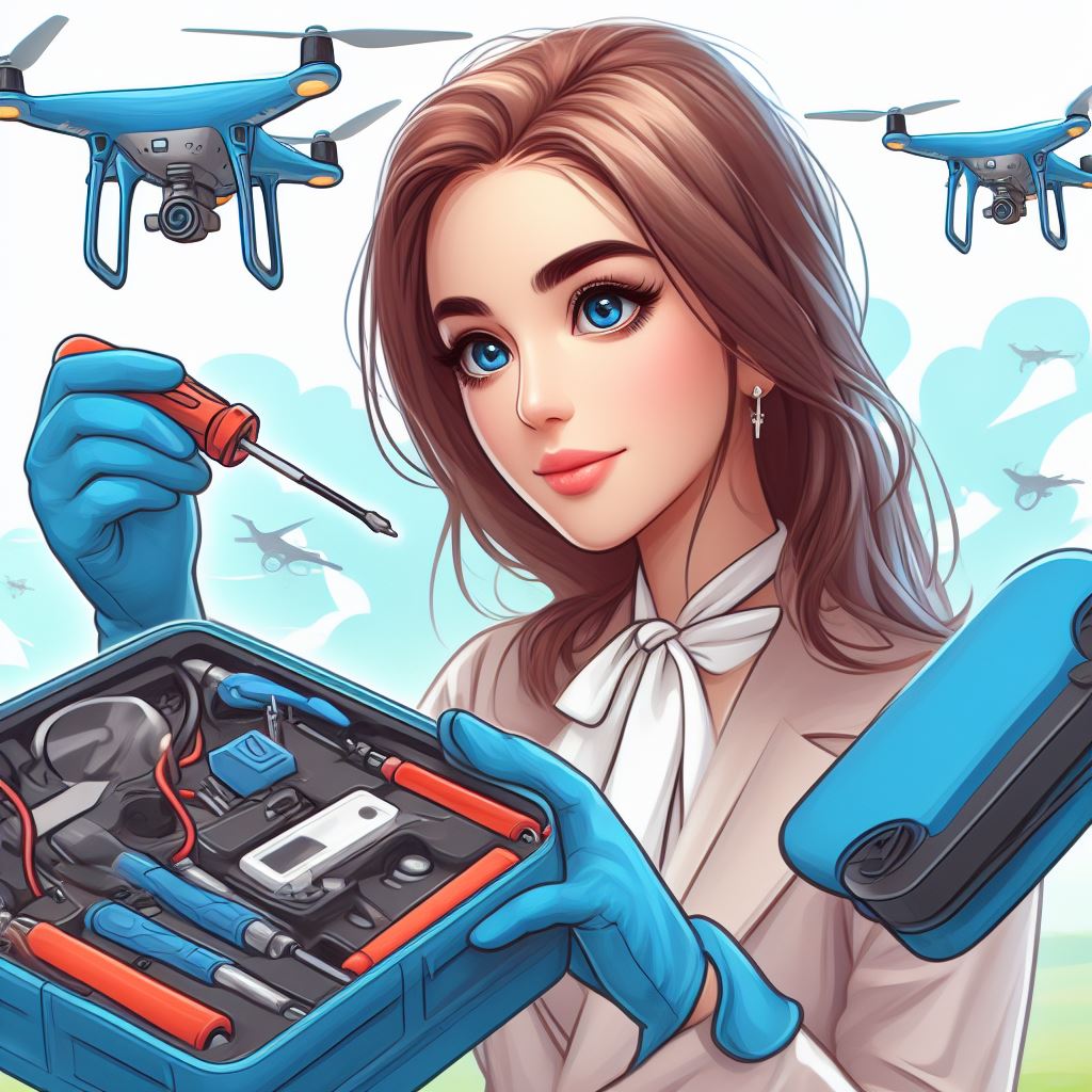 Battery Maintenance of drone, beautiful woman, blue eyes, brown hair, thick cartoonish painting AI Image