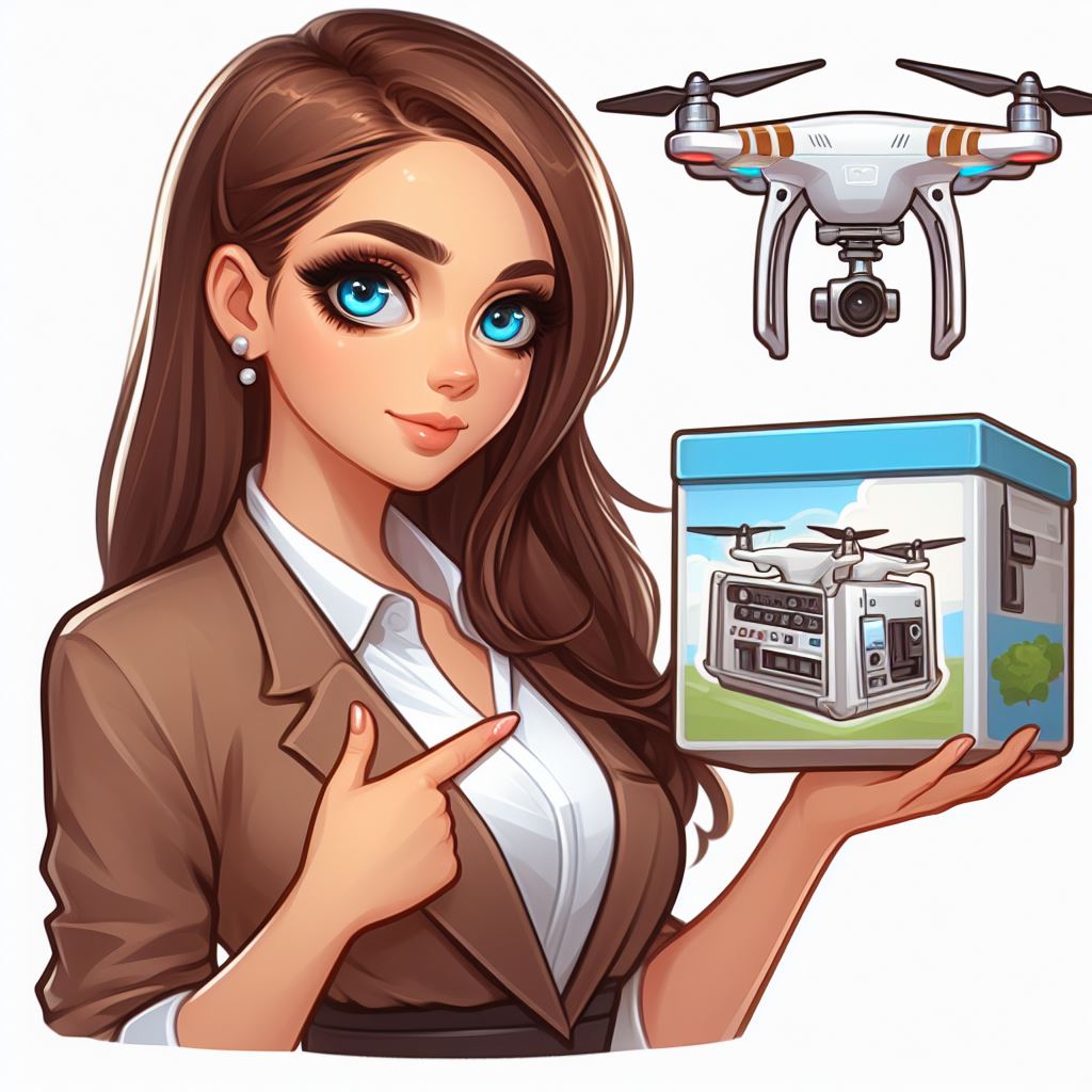 Choosing the Right Storage of drone, beautiful woman, blue eyes, brown hair, thick cartoonish painting AI Image