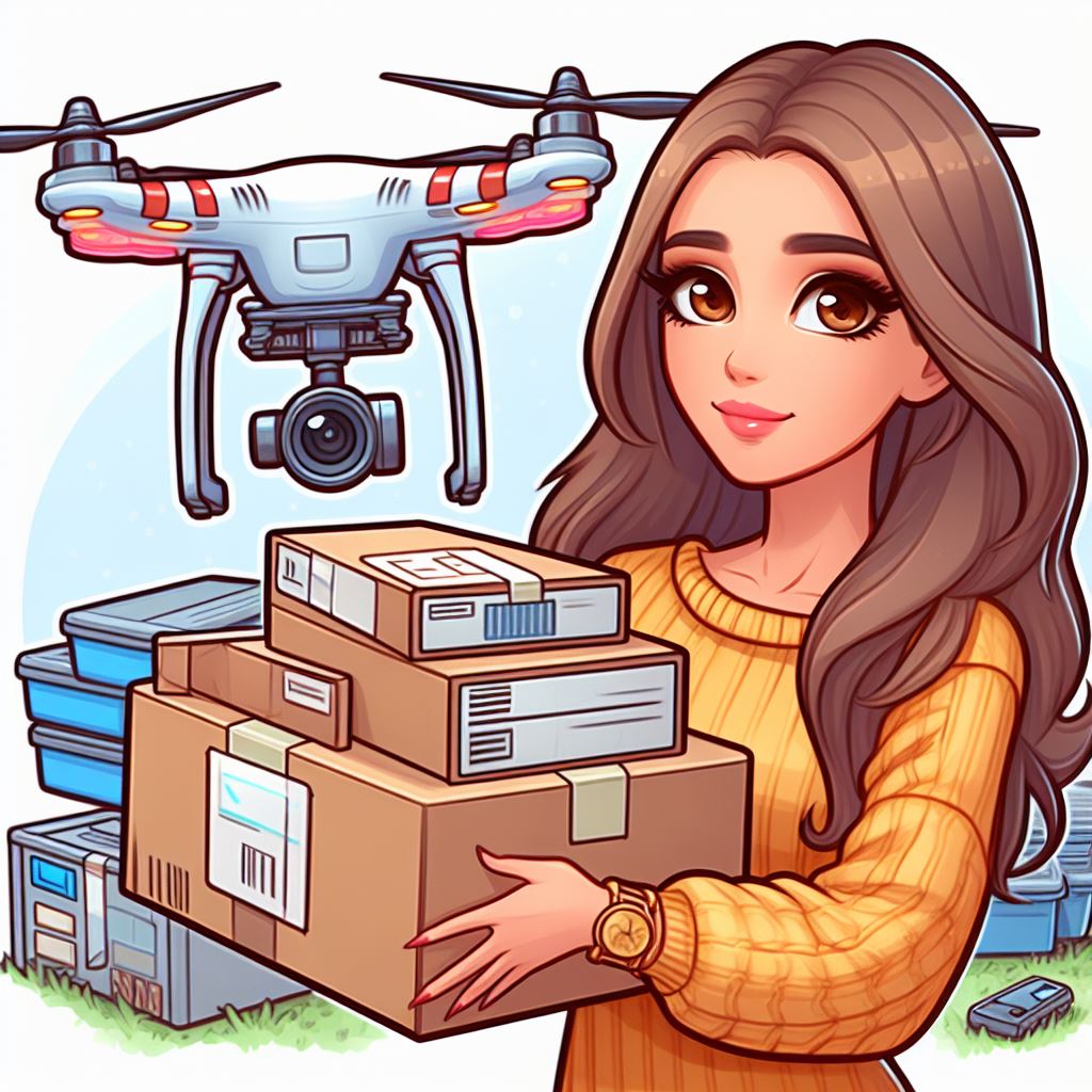 a thick cartoon, Drone Maintenance Guide, blue eyes, brown hair, beautiful woman