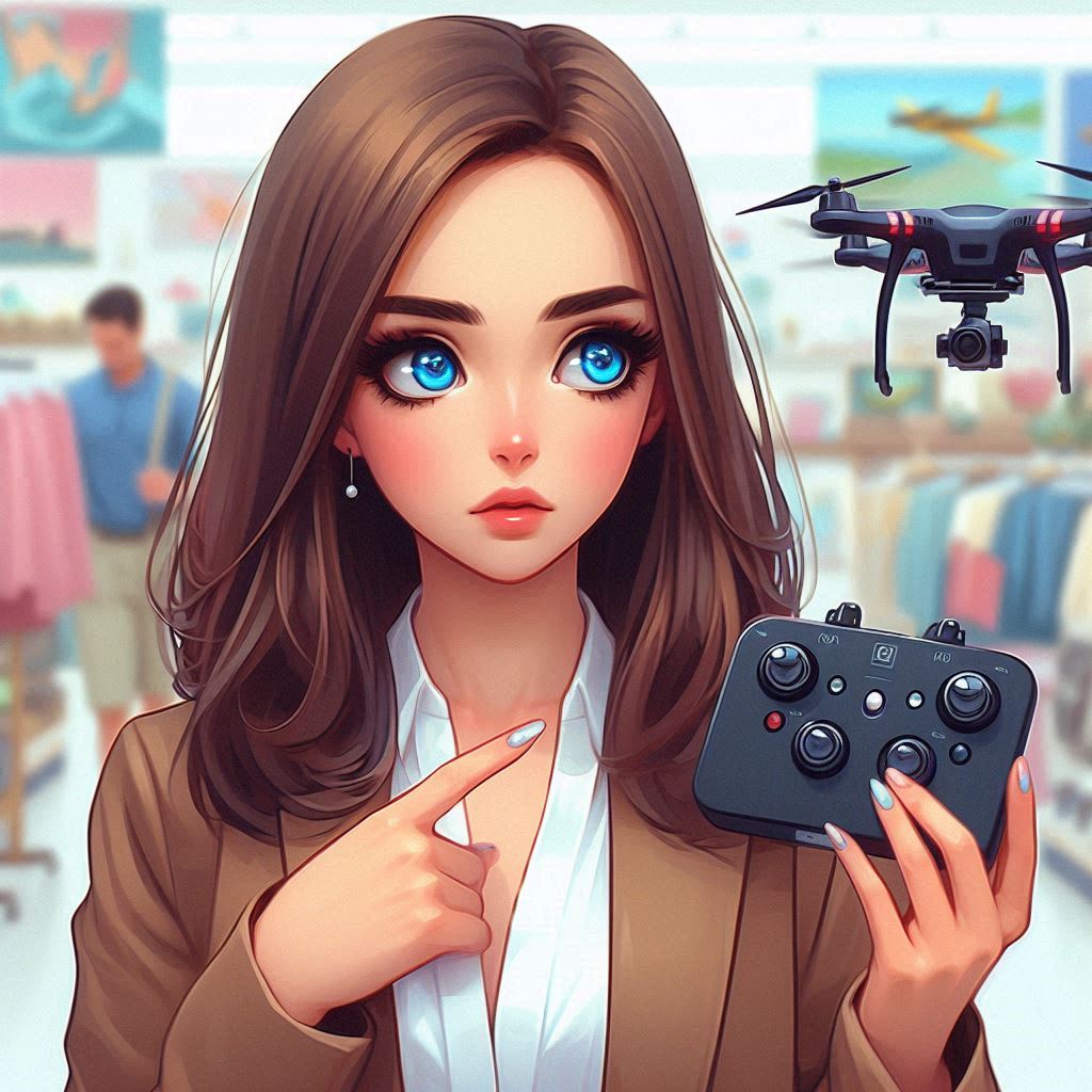 make a decision to buy a drone, beautiful woman, blue eyes, brown hair, thick cartoonish painting AI image_1080x1080