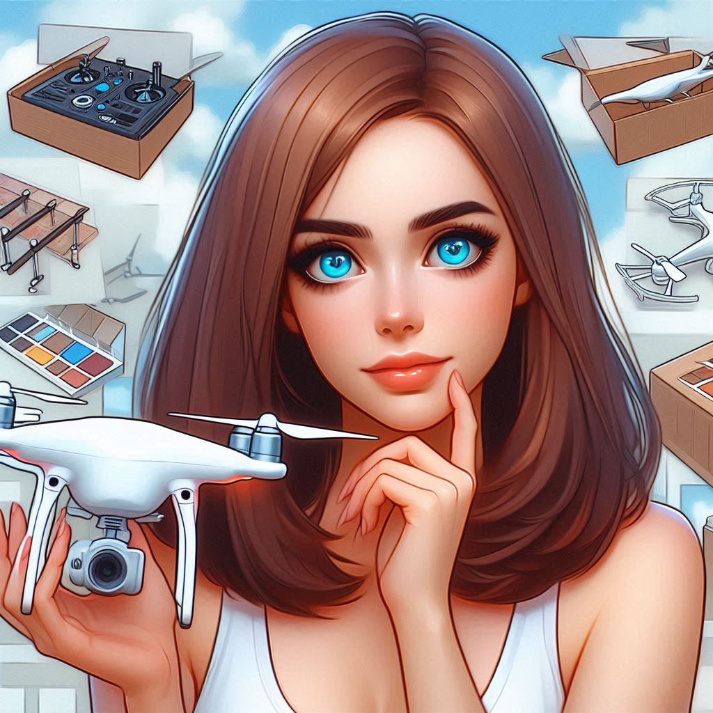 make a decision to buy a drone, beautiful woman, blue eyes, brown hair, thick cartoonish painting good AI image_1080x1080