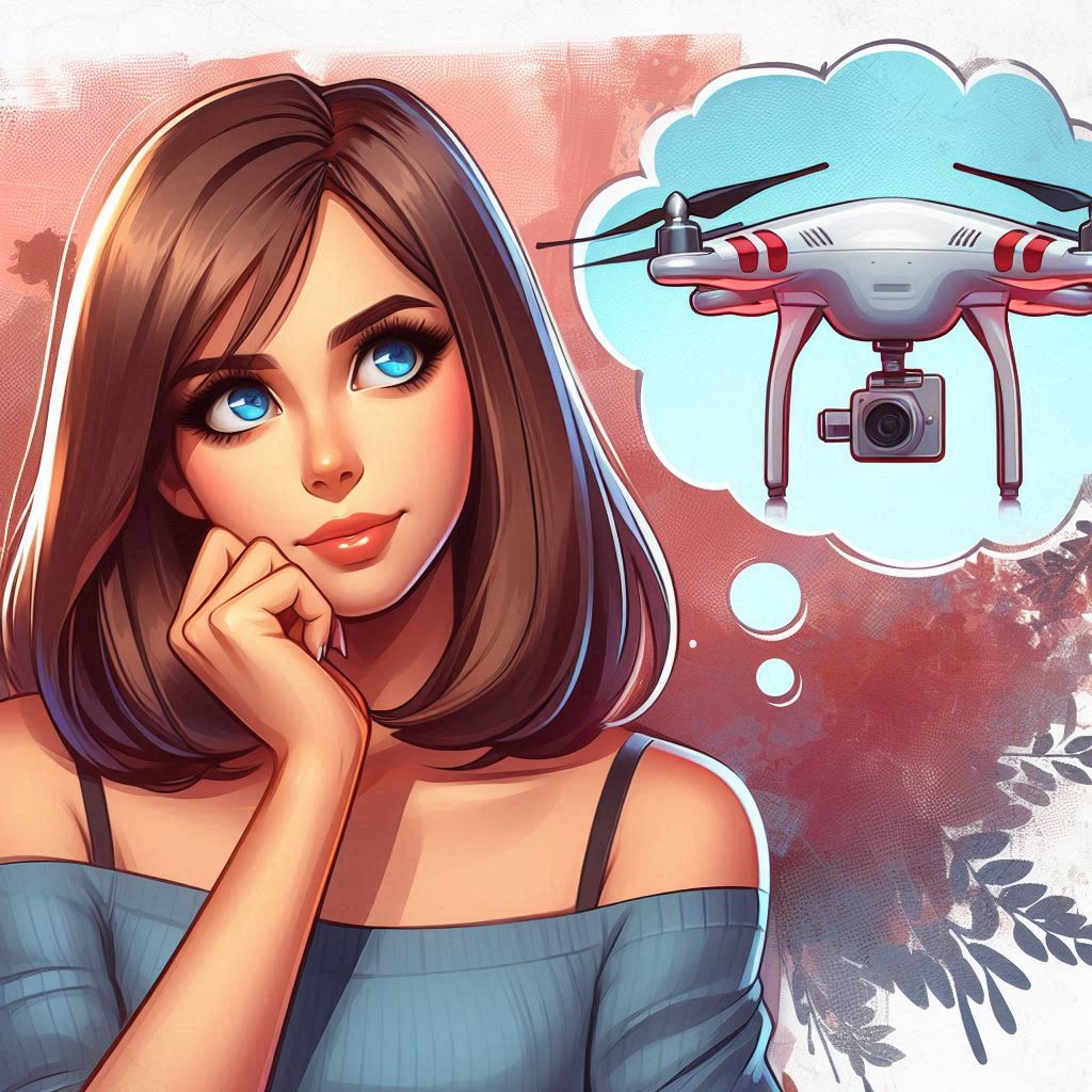 thinking about buying a drone, beautiful woman, blue eyes, brown hair, thick cartoonish painting AI image_1080x1080