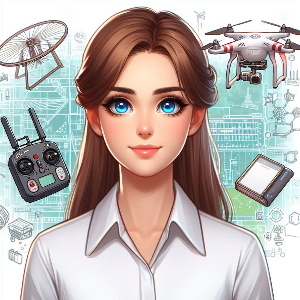 How to become a drone engineer, beautiful woman, blue eyes, brown hair, thick cartoonish painting AI Image