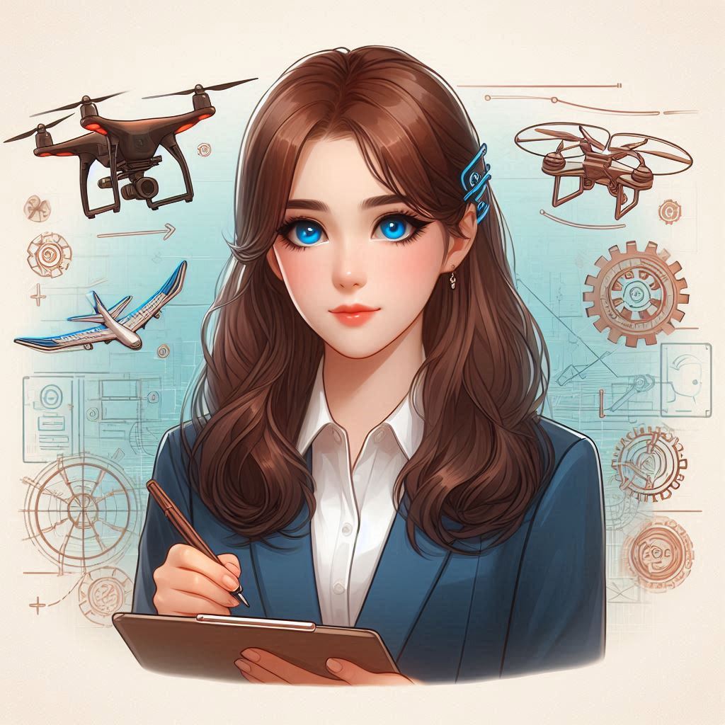 How to become a drone engineer, beautiful woman, blue eyes, brown hair, thick cartoonish painting AI Image