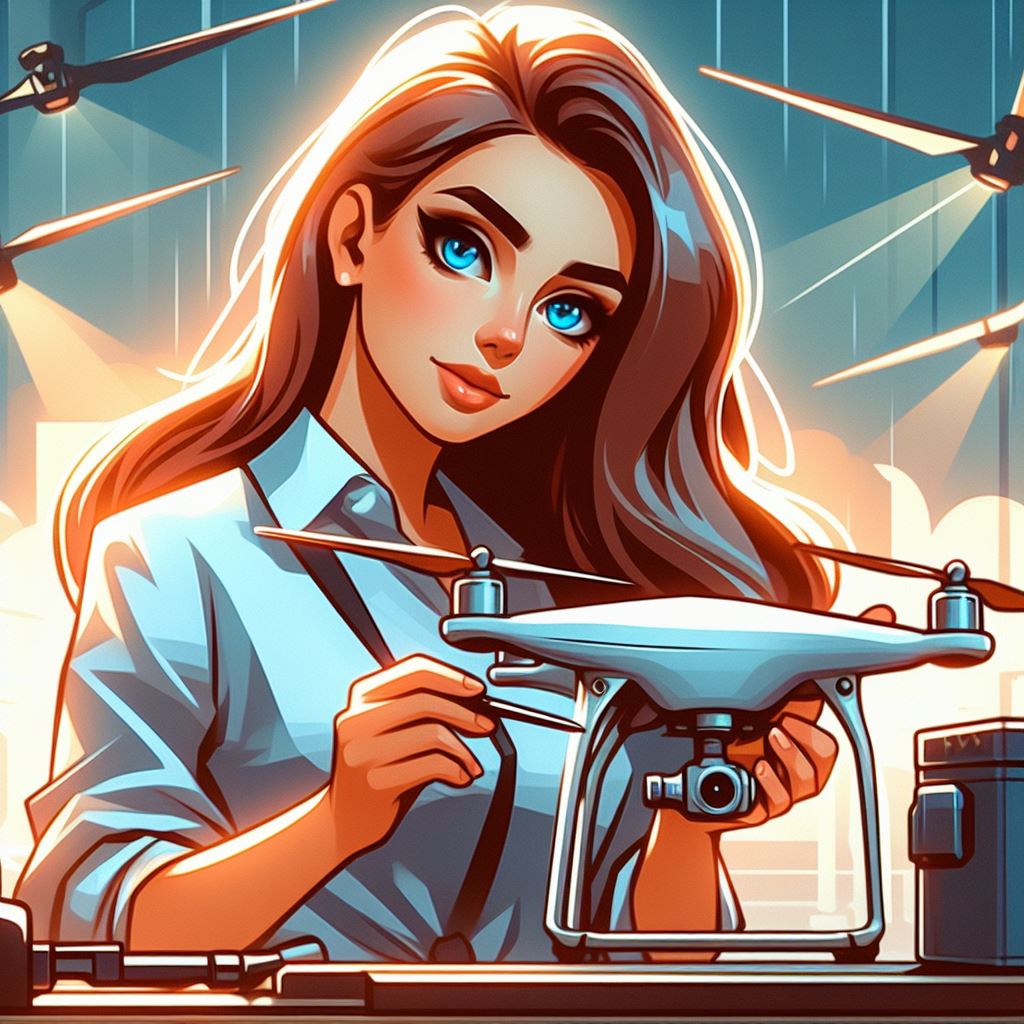 thick cartoonish painting, Propeller Maintenance of drone, beautiful woman, blue eyes, brown hair AI Image