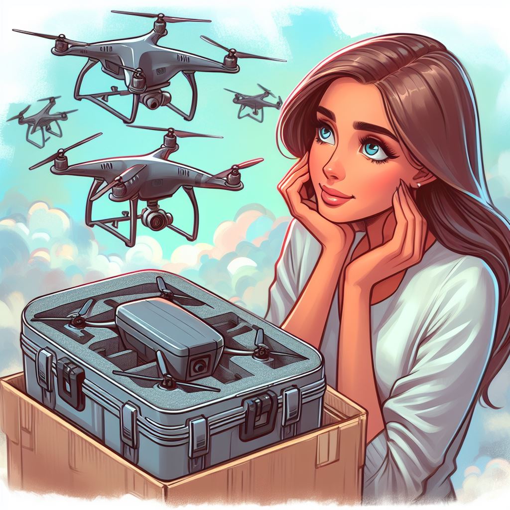 Choosing Protective Cases of drone, beautiful woman, cartoon-style painting with thick lines AI Image