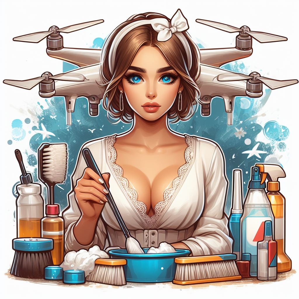 Regular Cleaning of drone, beautiful woman, blue eyes, brown hair, thick cartoonish painting AI Image