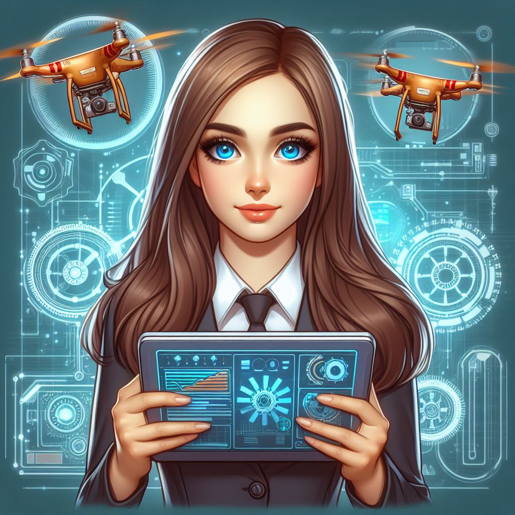 Software Updates of drone, with tablet, beautiful woman, blue eyes, brown hair, thick cartoonish painting AI Image