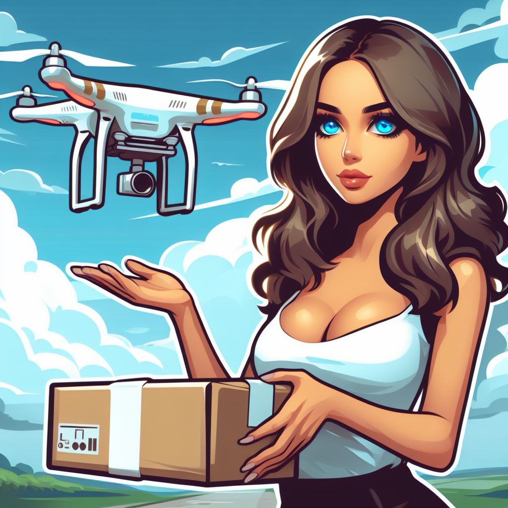 thick cartoonish painting, Transportation of drone, beautiful woman, blue eyes, brown hair  AI Image