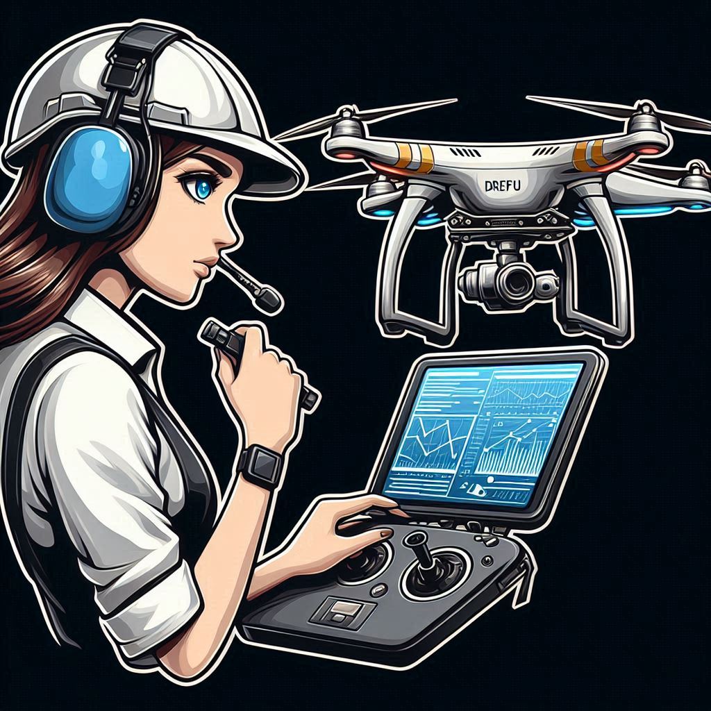 Working a drone engineer, beautiful woman, blue eyes, brown hair, thick cartoonish painting AI Image