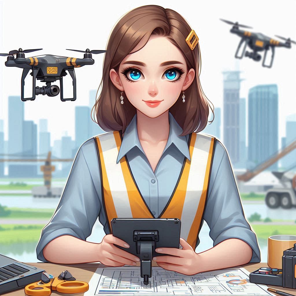 Working a drone engineer, beautiful woman, blue eyes, brown hair, thick cartoonish painting AI Image