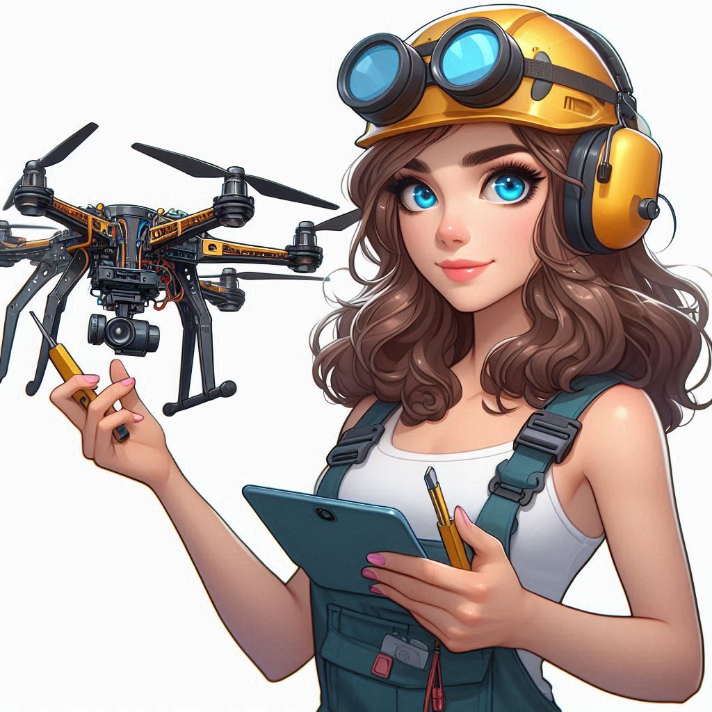 drone engineer, beautiful woman, blue eyes, brown hair, thick cartoonish painting_1 AI image 1024x1024