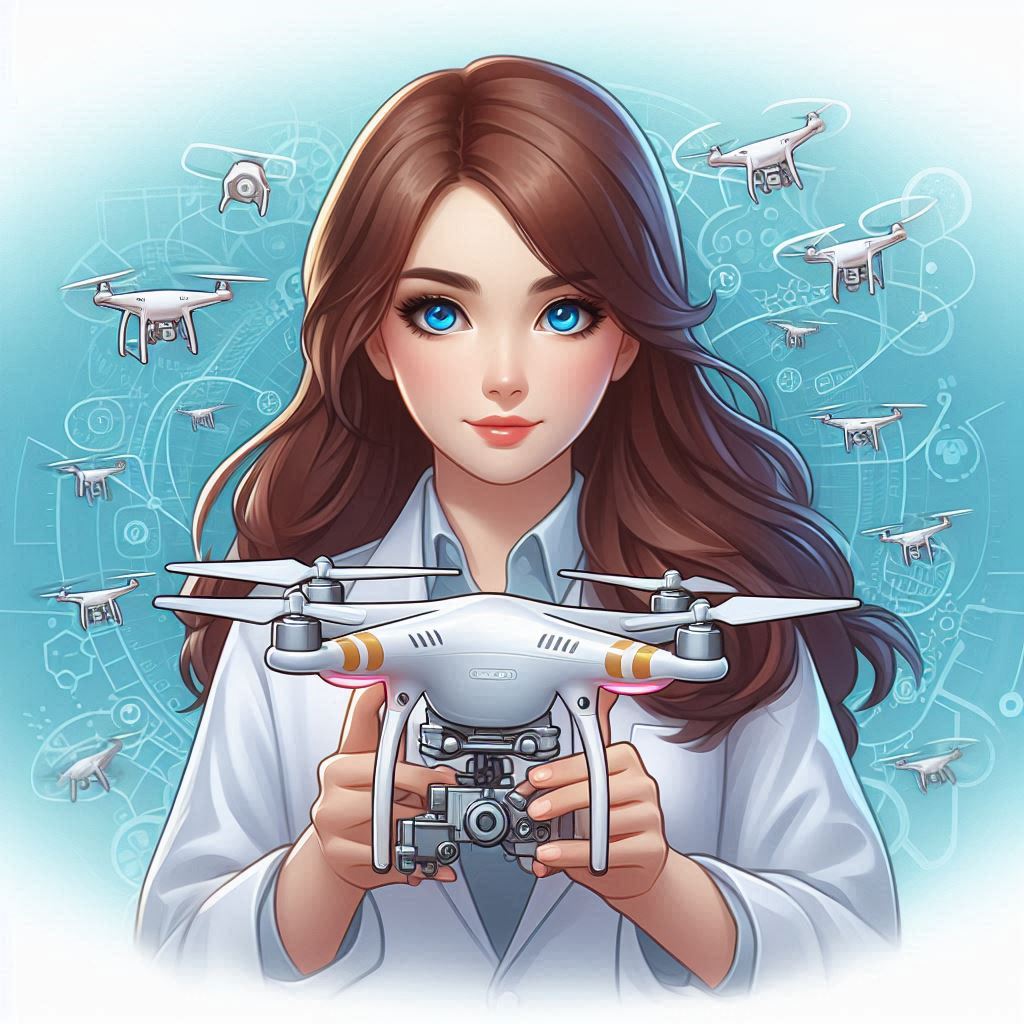 drone engineering basics, beautiful woman, blue eyes, brown hair, thick cartoonish painting AI image 1024x1024