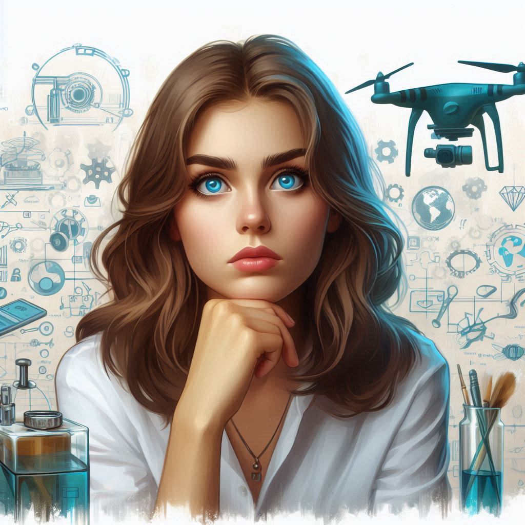 what is drone engineering, beautiful woman, blue eyes, brown hair, thick cartoonish painting AI image 1024x1024